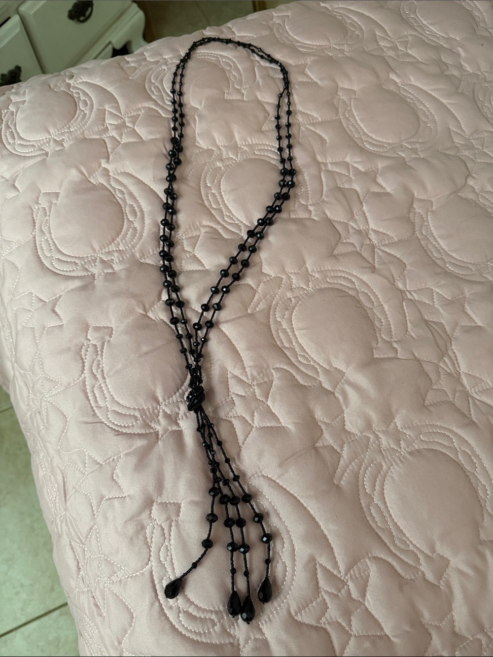 Black Beaded Lariat Necklace with Knotted Tassel - Women Jewelry
